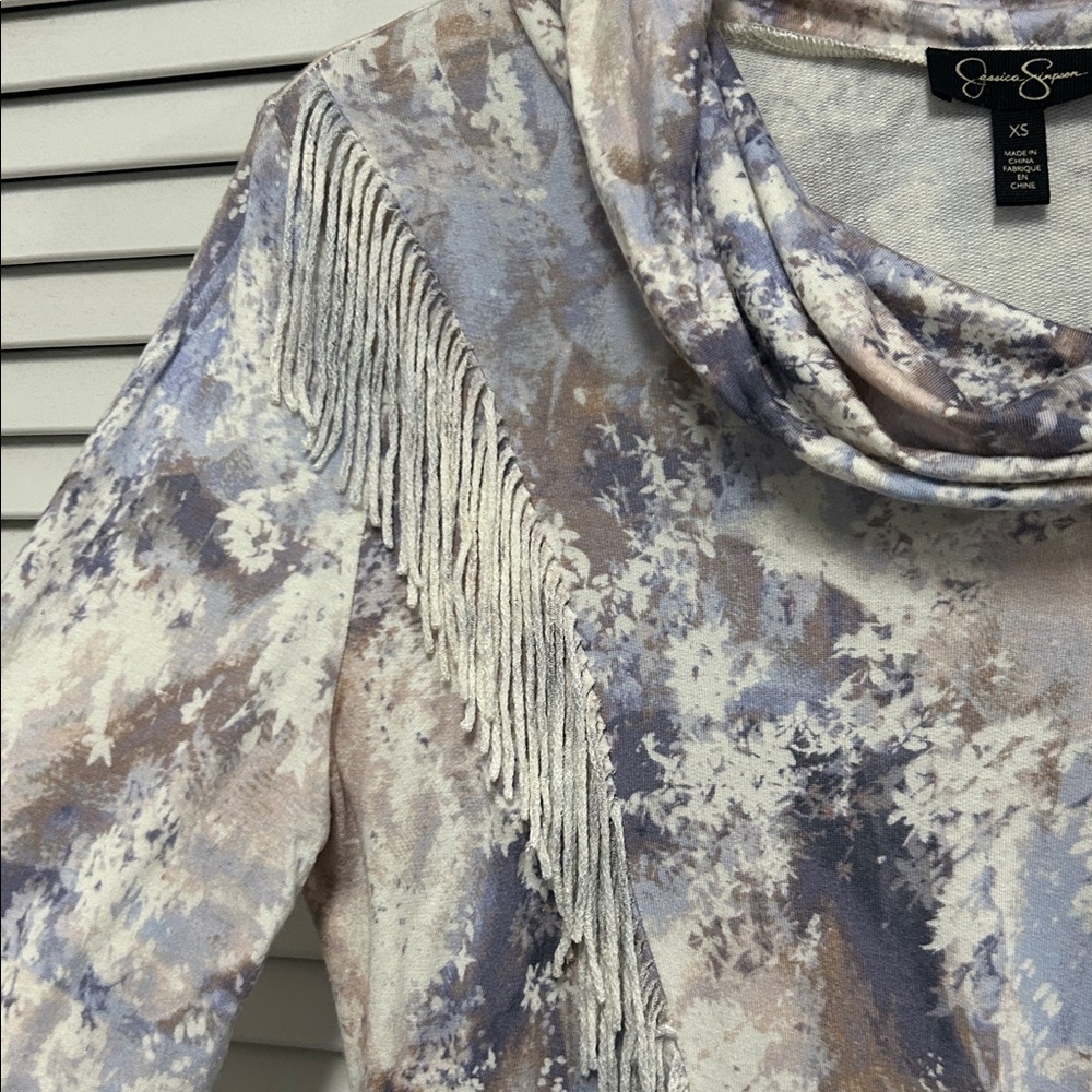 Jessica Simpson Western Cowl Neck Long Sleeve Top with Fringe Blues and Cream - Picture 3 of 6